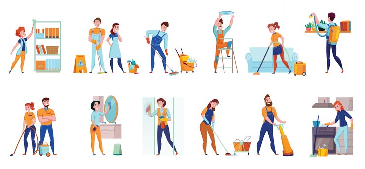 Gratis Vector schoonmaakservice professionele taken platte composities 2 horizontale sets met vloer vegen stofzuigen spiegels wassen illustratie