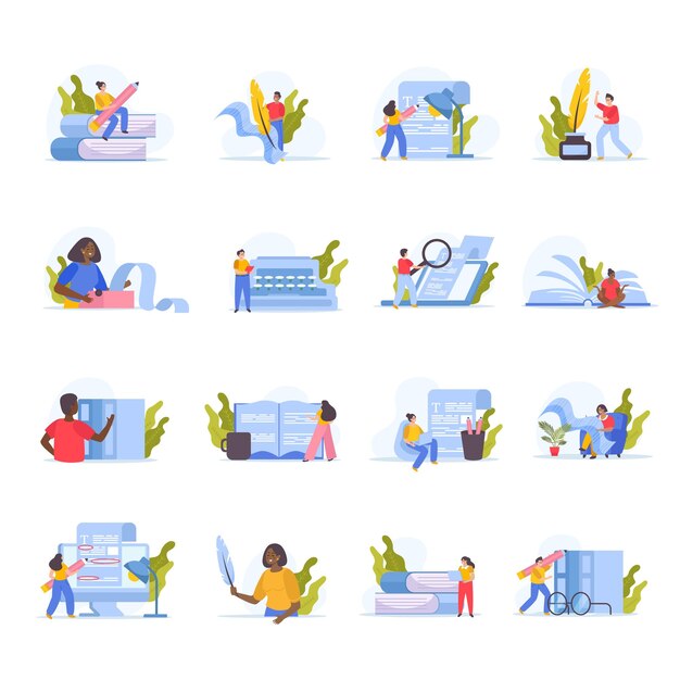 Schrijver platte set van geïsoleerde iconen met verse bladeren boeken inktputten en doodle menselijke karakters vector illustratie