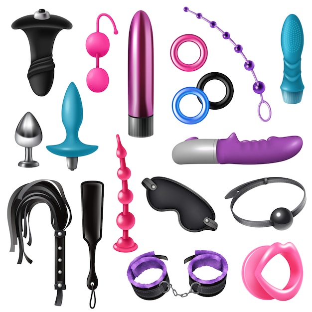 Gratis vector seksspeeltjes realistische set van dildo's butt plug masker armband zweep geïsoleerde accessoires illustratie