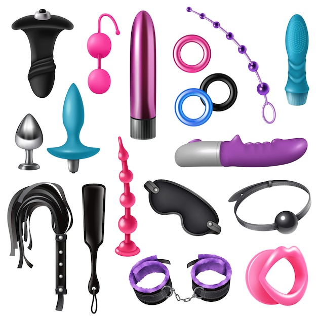 Seksspeeltjes realistische set van dildo's butt plug masker armband zweep geïsoleerde accessoires illustratie