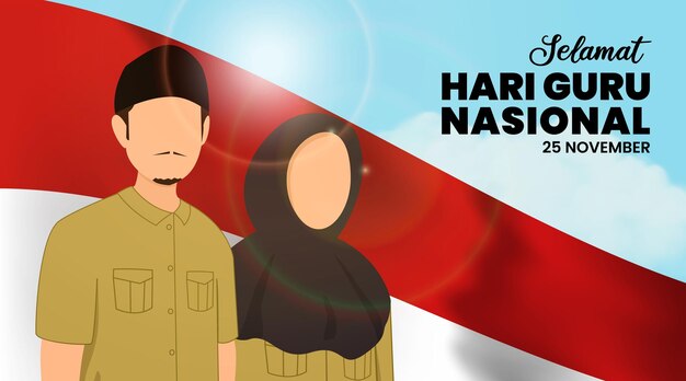 Selamat hari goeroe nasional of gelukkige indonesische lerarendag achtergrond met leraren staan onder de vlag