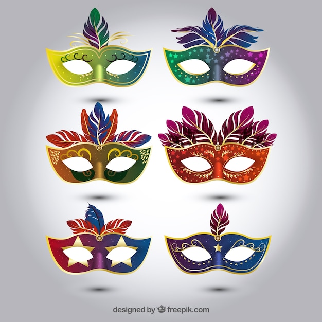 Gratis vector selectie van kleurrijke carnaval maskers in realistische stijl