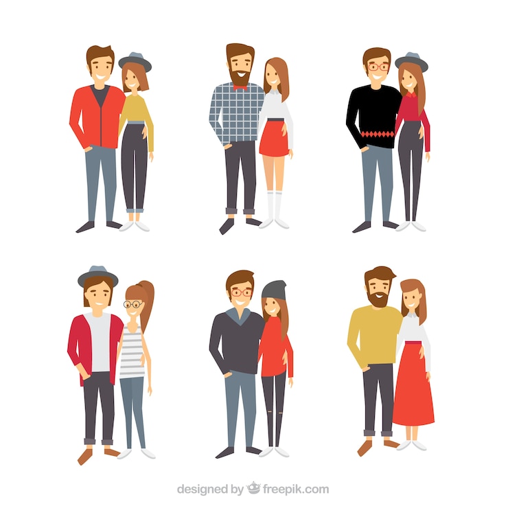 Gratis Vector selectie van kleurrijke hipster koppels glimlachen