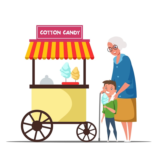 Gratis vector senior en kind bij suikerspin kiosk illustratie vrolijke grootmoeder en kleinzoon oma kocht kind heerlijke traktatie straatvoedsel carnaval stand