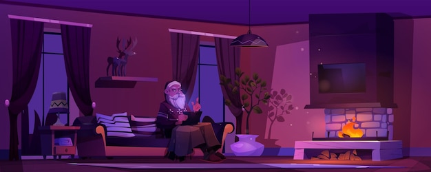 Senior man in een kerstmanhoed met een tablet op de bank vector cartoon illustratie van een scandinavische woonkamer met open haard oudere man in pantoffels gebreide trui die kerstcadeaus online bestelt