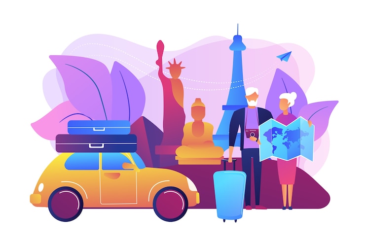 Gratis Vector senior paar roadtrip in het buitenland. ouderen op rondreis over de hele wereld. pensioenreizen, reizen op pensioen, langzame reismethode concept.