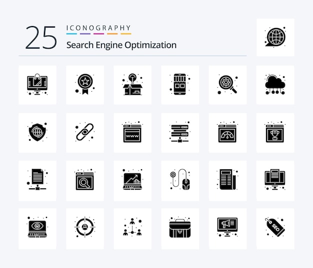 Gratis vector seo 25 solid glyph icon pack inclusief zoekuitrusting idee online winkel e-commerce