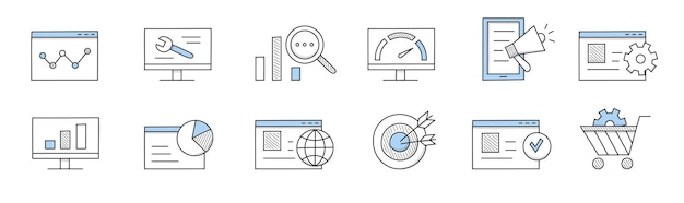 SEO, doodle pictogrammen voor zoekmachineoptimalisatie