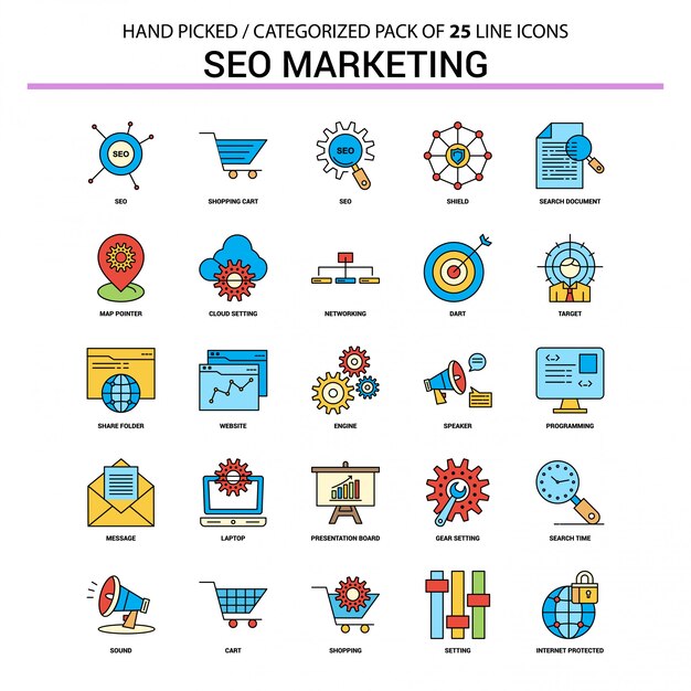 SEO Marketing Flat Line Icon Set - Ontwerp van de bedrijfsconceptenpictogrammen