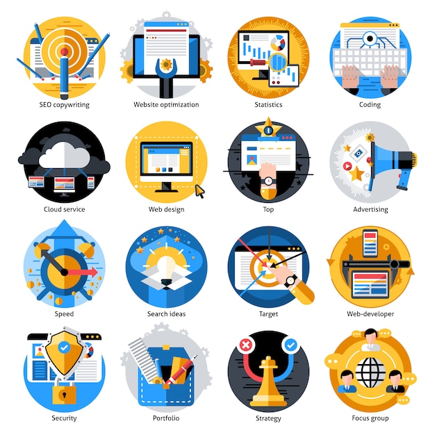 Seo ontwikkeling ronde icons set