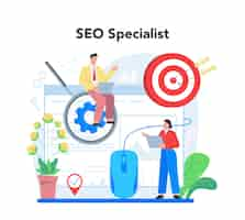 Gratis vector seo specialist concept idee van zoekmachineoptimalisatie voor website als marketingstrategie webpaginapromotie in de internetontwikkelingsaudit vectorillustratie in cartoonstijl