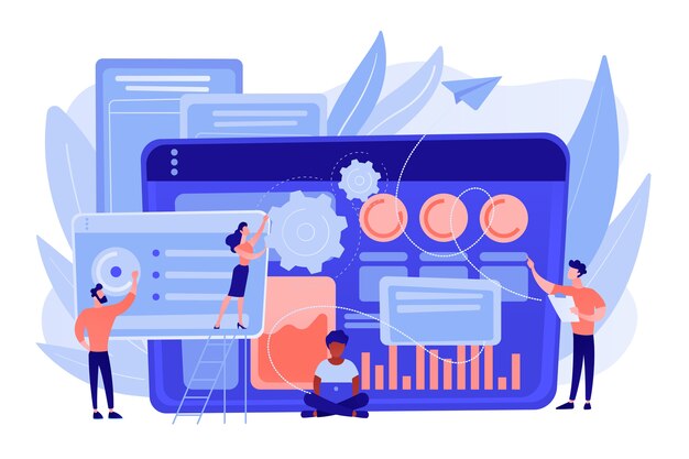 SEO-specialisten werken aan hoogwaardig organisch zoekverkeer voor websites. SEO-analyseteam, SEO-optimalisatie, internetpromotieconcept. Roze koraal bluevector geïsoleerde illustratie