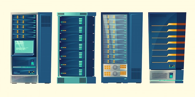 Gratis vector serverracks, databasekamer, datacenter met cloud-computerverbindingen