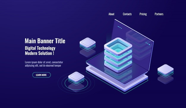 Serverruimte, isometrisch pictogram voor cloudopslag, database en datacenter, webhosting, netwerk
