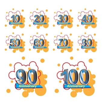 Set 10, 20, 30, 40, 50, 60, 70, 80, 90, 100 jaar verjaardag vector sjabloonontwerp illustratie