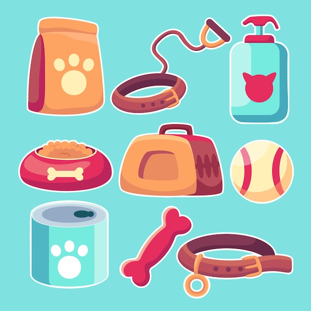 Gratis vector set accessoires voor honden of producten dierenwinkel pictogrammen met voer speelgoed ballen kraag vectorillustratie