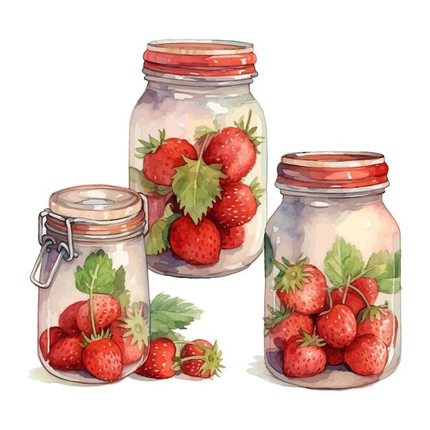 Gratis vector set aquarel aardbeifruit in een pot