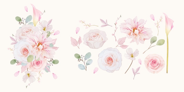 Set aquarel elementen van roze rozen dahlia en leliebloem