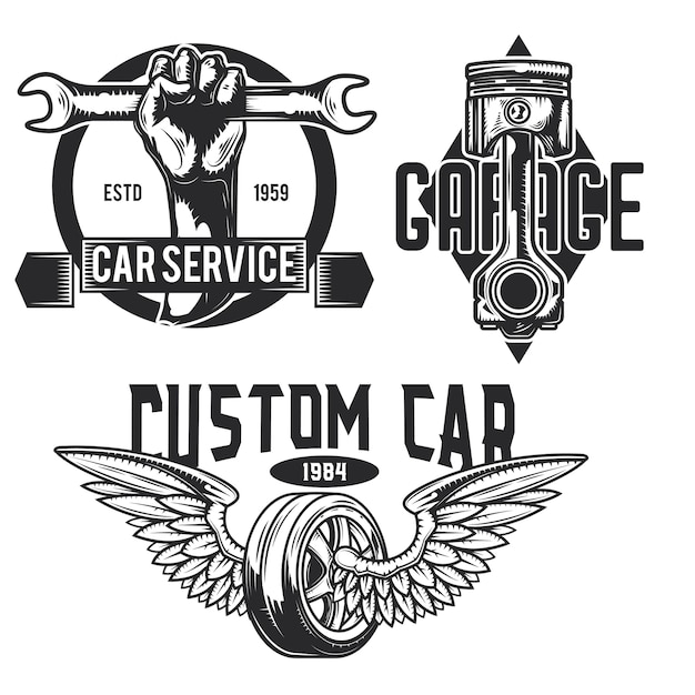 Set autoservice emblemen, etiketten, insignes, logo's.