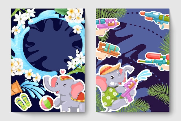 Set banner van songkran festival versierd met schattige olifant en element in cartoon-stijl en lege ruimte voor grafisch ontwerper tekst invoegen vectorillustratie