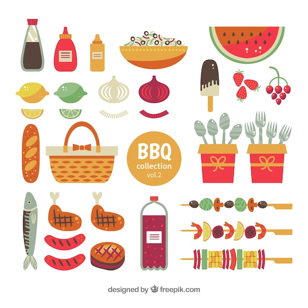 Gratis vector set barbecue-elementen in vlakke stijl