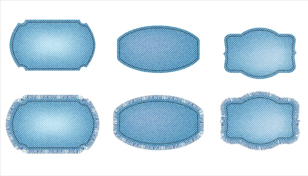 Set blauwe denim patches met steek en franje. lichtblauwe spijkerstof. patches van verschillende vormen Premium Vector