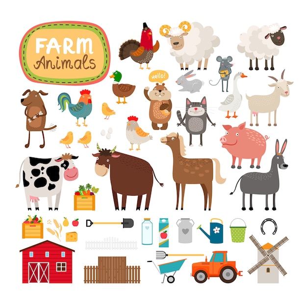 Gratis vector set boerderijdieren en landbouwaccessoires.