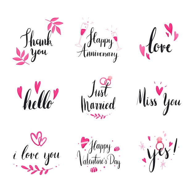 Set bruiloft en liefde typografie vectoren