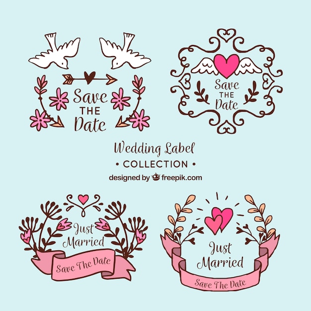 Set bruiloft labels met bloemen en ornamenten