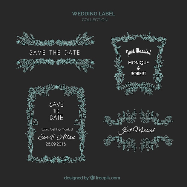 Gratis vector set bruiloft labels met florale versieringen