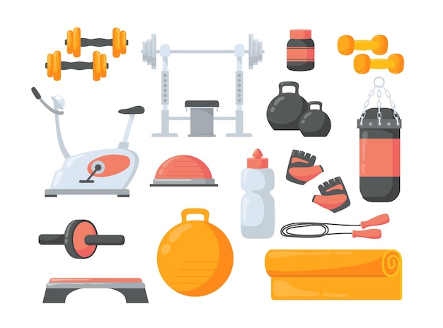 Gratis vector set cartoon fitnessapparatuur vlakke afbeelding.