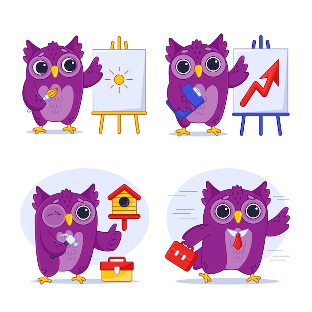 Gratis vector set cartoon uil gaat werken tekenen op ezel bouwen vogelhuisje statistieken analyseren