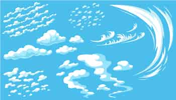 Gratis vector set cartoon wolken in blauwe panoramahemel.