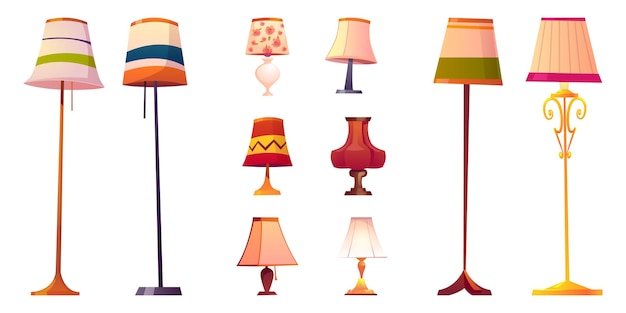 Gratis vector set cartoonlampen, vloer- en tafellampjes met verschillende lampenkappen op lange en korte standaards.