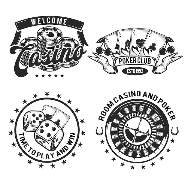 Gratis vector set casino-elementen (kaarten, chips en roulette) emblemen, etiketten, insignes, logo's. geïsoleerd op wit