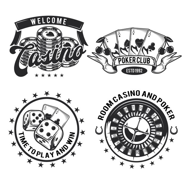 Set casino-elementen (kaarten, chips en roulette) emblemen, etiketten, insignes, logo's. Geïsoleerd op wit