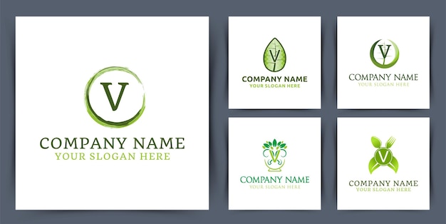 Set collectie beginletter v monogram logo met blad kom zaad logo ontwerp vectorillustratie