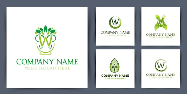 Set collectie beginletter w monogram logo met blad kom zaad logo ontwerp vectorillustratie