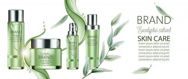 Set cosmetica met plaats voor tekst. Eucalyptus-extract. Realistisch
