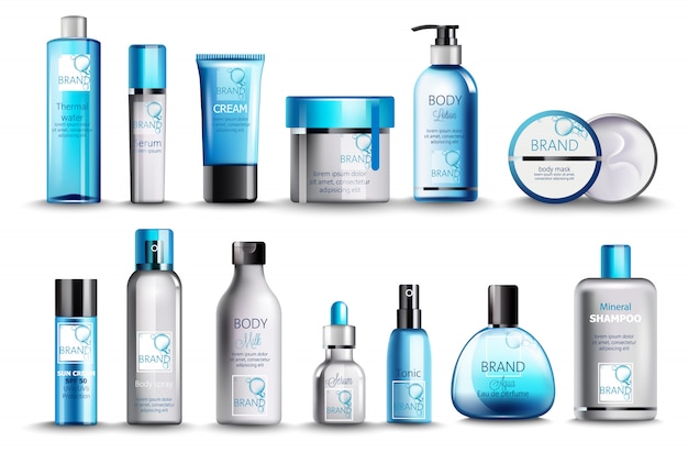 Set cosmetica met thermaal water, serum, crème, lotion, lichaamsmasker, lichaamsspray, melk, tonicum, parfum en minerale shampoo. Realistisch. Productplaatsing. Blauwe kleur