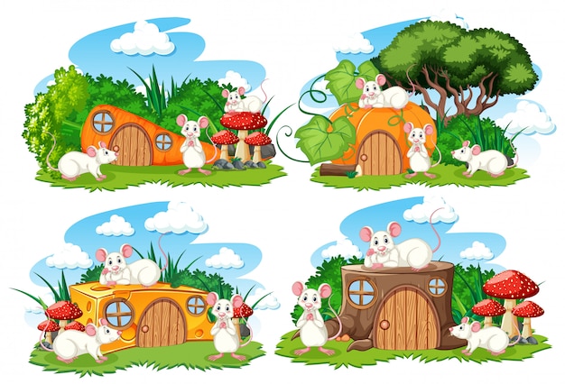 Gratis vector set fantasie huizen in de tuin met schattige dieren geïsoleerd op een witte achtergrond