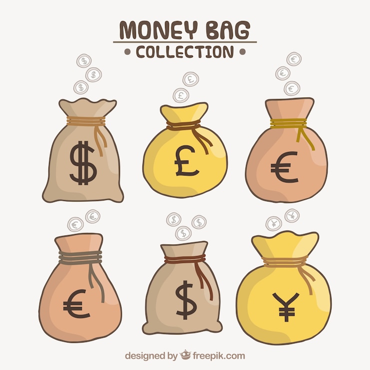 Gratis Vector set geldzakken met land valuta