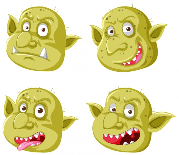 Gratis vector set gele goblin of trol gezicht in verschillende uitdrukkingen in cartoon stijl geïsoleerd