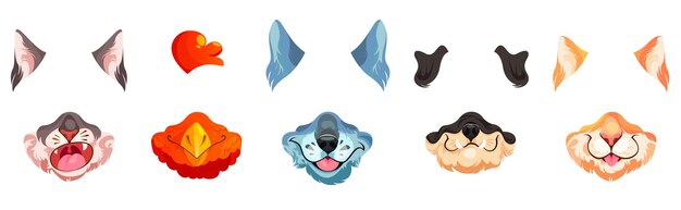 Set gezichtsfilters met dierenmaskers voor videochat selfie-foto's en sociale media-inhoud