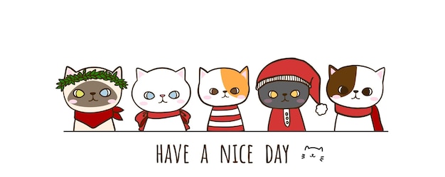 Set hand getrokken doodle schattige katten kerst kostuum dragen met belettering