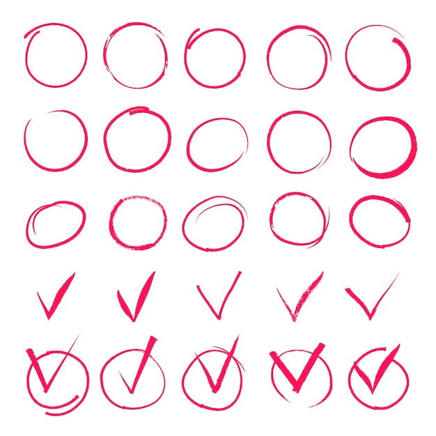 Gratis vector set hand getrokken markeer rode cirkels en vinkje pictogrammen.