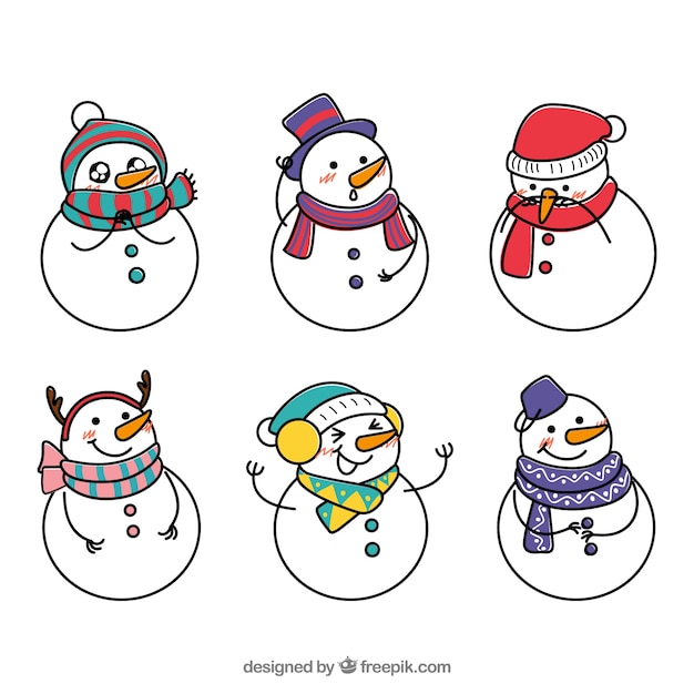 Gratis vector set hand getrokken sneeuwmannen