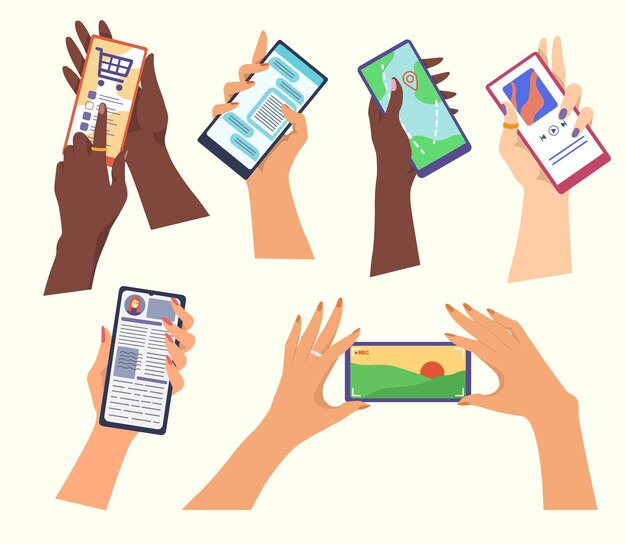 Set handen met smartphones. Cartoon afbeelding