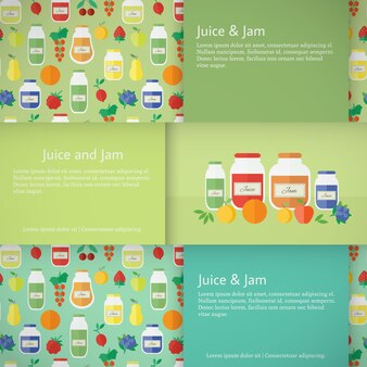 Set horizontale banners met potten fruitjam en sap. platte ontwerp vectorillustratie
