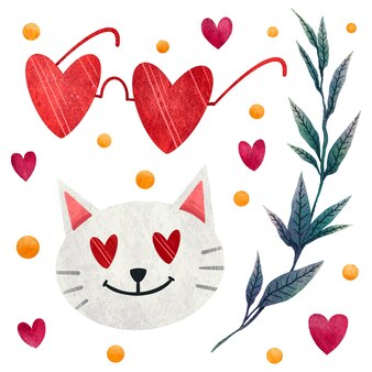 Set illustraties voor 14 februari glazen harten, kat met harten ogen, takje, hart, pailletten